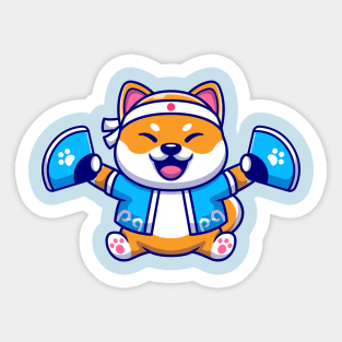 Cute Shiba Inu Dog Wearing Japanese Costume And  Handheld Fan Cartoon Sticker